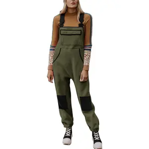 Yousify Women's Army Green Fleece Warm Overalls Winter Casual Jumpsuits with Pockets Ski Bibs Snow Pants S-2XL Basic Fitted Minimalist Sleeveless Strap Strappy Womenswear