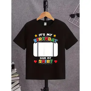 Boys' Fashion Cartoon "It'S My Birthday" Letter Print T-Shirt |   Casual Crew Neck, Slight Stretch Fabric, Short Sleeves, Suitable for Ages 12 and Under, Summer Wear