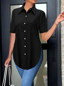 Women's Plain Curved Hem Button Shirt Blouse, Casual Short Sleeve Top for Summer, Ladies Clothes for Daily Wear