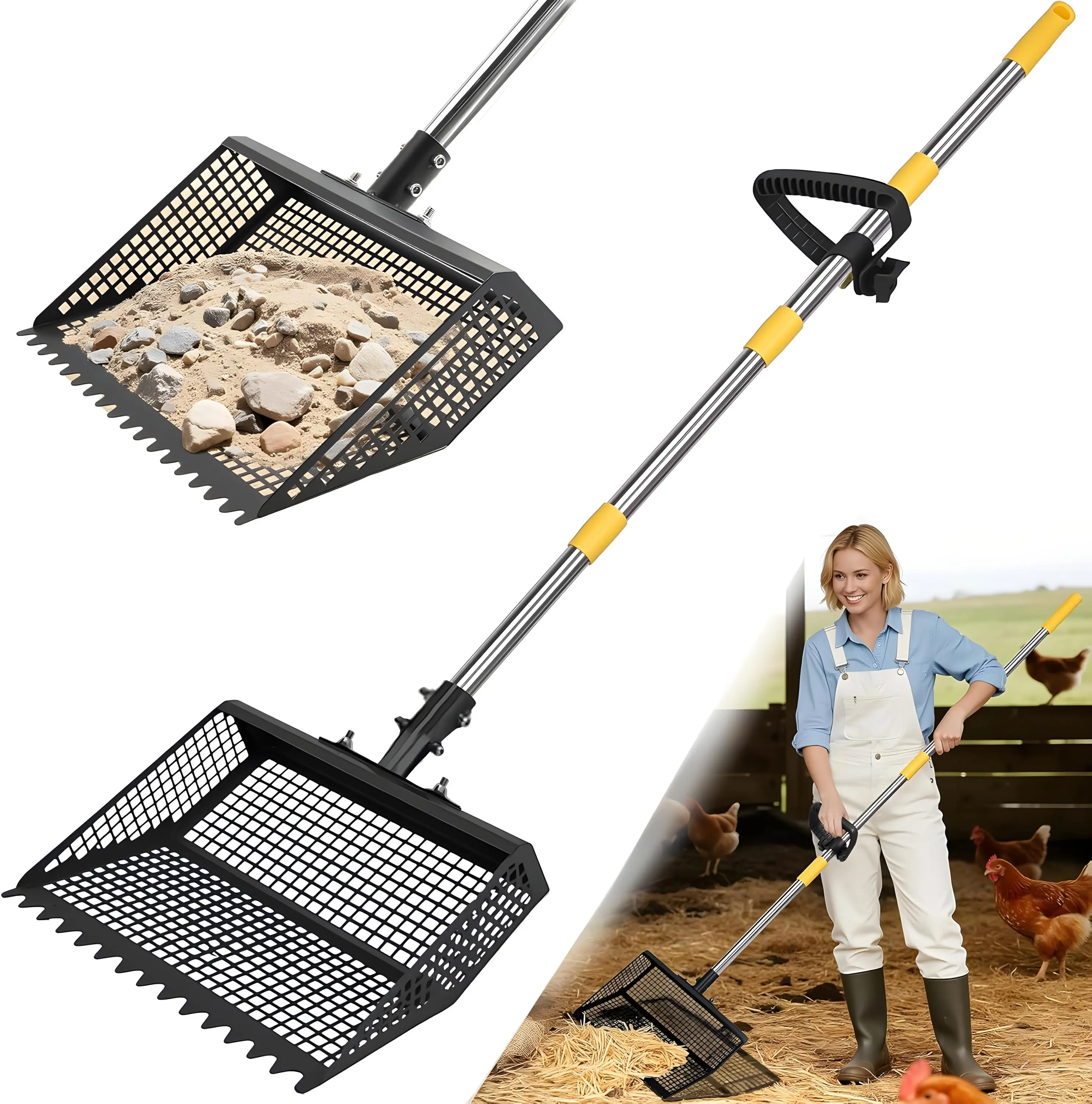2-in-1 Chicken Poop Scooper & Rake, 12" Heavy Duty Metal Litter Scoop with Adjustable 26"-76" Stainless Steel Handle, Sand Sifting Shovel for Chicken Coop, Pet Waste, Garden & Farm Cleanup