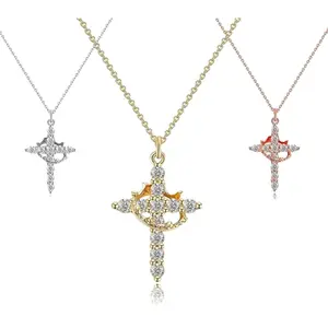 Trending Crown Cross Necklace for Women - 14K Gold Plated Simple Diamond Faith Pendant