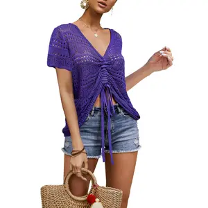 Women Crochet Top Beach Cloth Drawstring Shirt Cover Up Oversized Sexy Beachwear Lace Up Tee Poncho