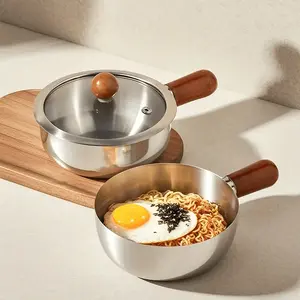 A Set of Two Stainless Steel Pans with Heat-Resistant Wooden Handles, Measuring 5.5 Inches And 6.3 Inches, Suitable for Various Scenarios Like Cooking Instant Noodles, Boiling Milk, And Stewing. Compatible with Induction Cookers, Perfect for Dorms