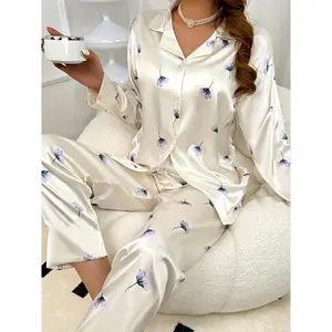 Elegant floral plus-size satin pajama set for women — polyester blend, comfort stretch, all-season loungewear, woven long sleeves and pants, casual wear/nightwear fabric