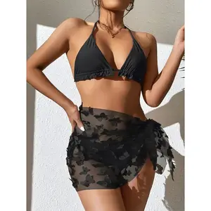 2026 NEW 3-Piece Womens Swimwear Set - Classic Solid Butterfly Applique, Playful Lettuce Trim & Tie-Halter Design - Perfect for Beach & Pool summer outfits