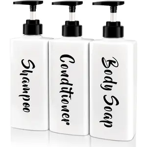 16.9oz Shampoo Conditioner  Wash Dispenser for Shower, Refillable Printed Soap Bottles with Pump, Empty Plastic Bathroom Dispenser Set for Shampoo, Conditioner & Soap (White, 3 Pack)