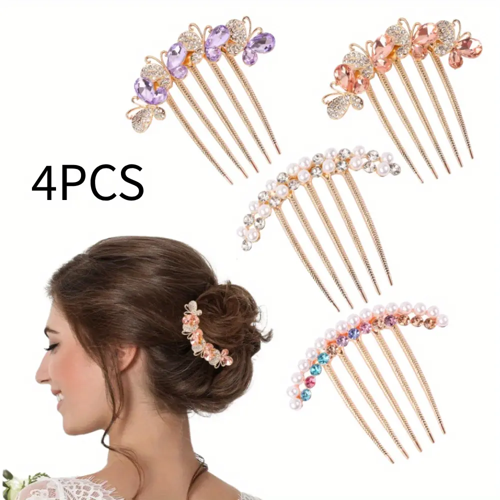 4pcs Set Vintage Butterfly Rhinestone Hair Combs - Sparkling Five Tooth Clips for All Hair Types, Perfect for Daily Wear & Special Occasions, Best for Christmas