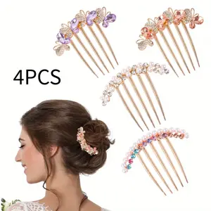 4pcs Set Vintage Butterfly Rhinestone Hair Combs - Sparkling Five Tooth Clips for All Hair Types, Perfect for Daily Wear & Special Occasions, Best for Christmas
