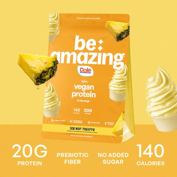 Vegan Protein Powder with Prebiotic Fiber, Plant Based, Low Sugar, Gluten Free & Dairy Free - IHOP Pancakes, Dole Whip Pineapple & Brown Sugar Oatmeal | Be Amazing