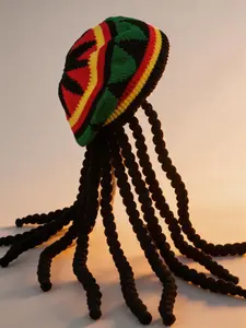 Jamaican Rasta Hat with Long Dreads Wig, Fun Knitted Cap, Halloween Party Costume, Braided Hairstyle, Outdoor Entertainment, Party Accessories