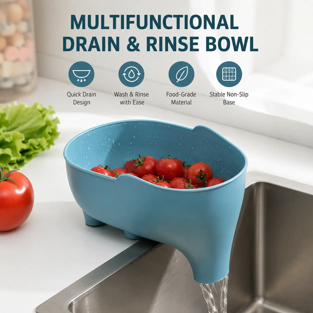 1 Count Plastic Drain Strainer Basket, with Removable Filter Screen Non-slip Foot Pads, for Kitchen Washing Fruits Vegetables and Filtering Food Residue