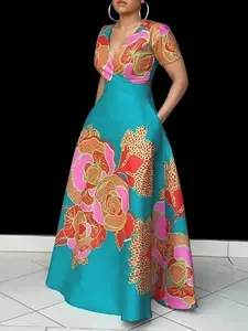 Women's Floral Print Wrap Deep V Neck A Line Dress, Elegant Dresses Classy Flattering Short Sleeve Pocket Maxi Dress for Party Holiday Wedding Guest, Ladies Summer Clothes