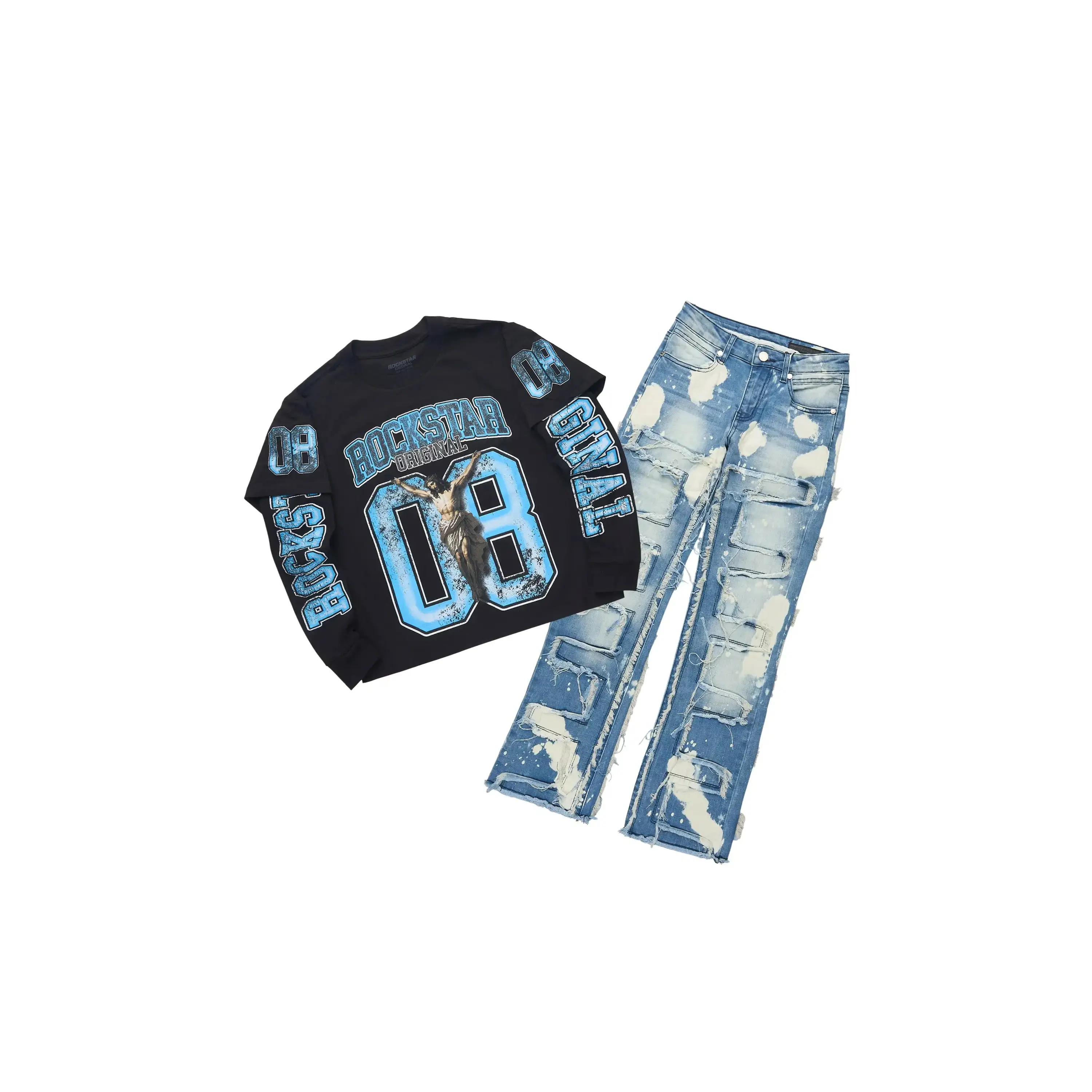 Boys Fields Black Double Layer Long Sleeve & Laban Blue Bleach Stacked Jean Set
