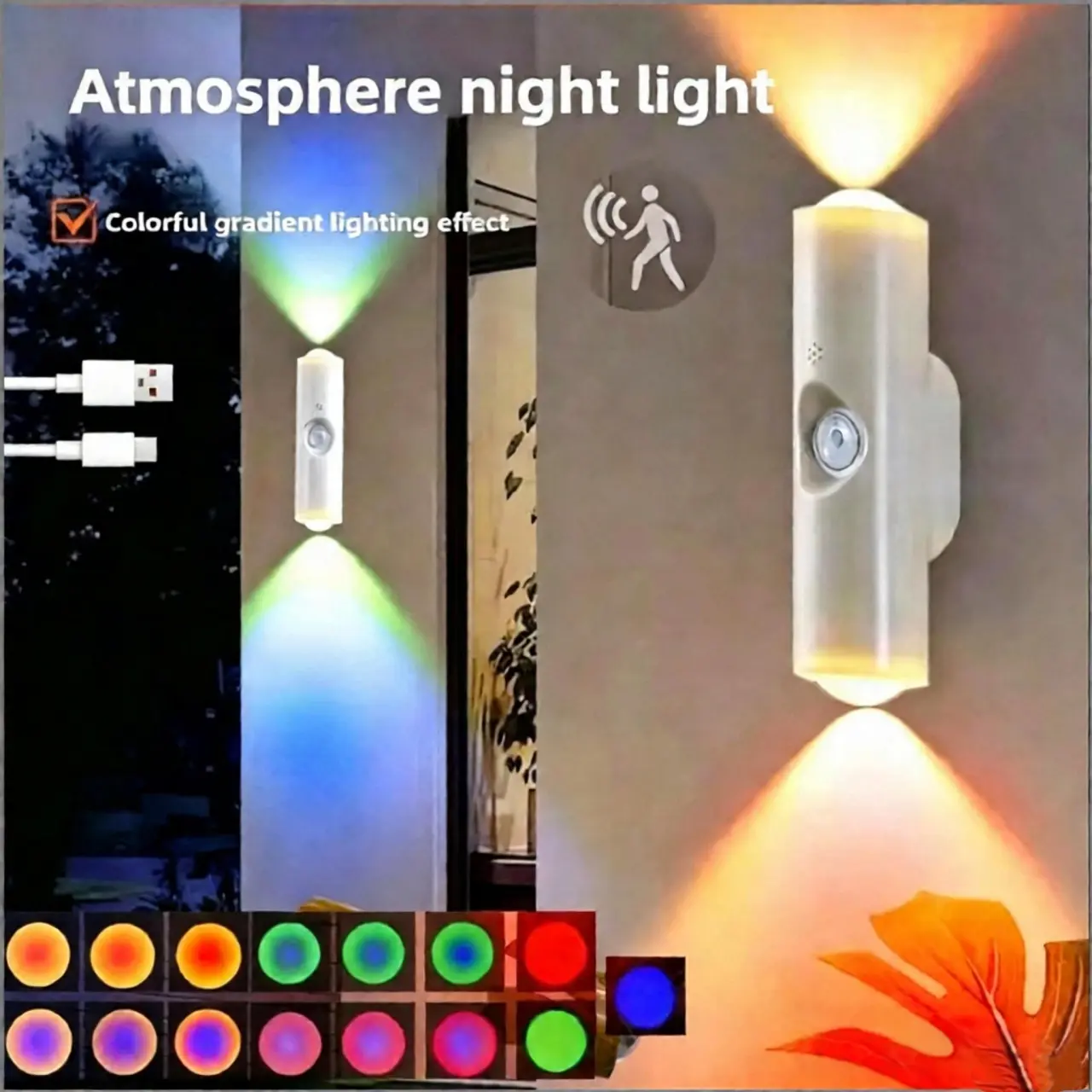 Smart Rechargeable LED Motion Sensor Night Light, Dimmable RGB Gradient Ambient Wall Lamp with Magnetic Stick-On and USB Charging for Bedroom, Closet, Stairway, Home Entryway Lighting Decor Accessories