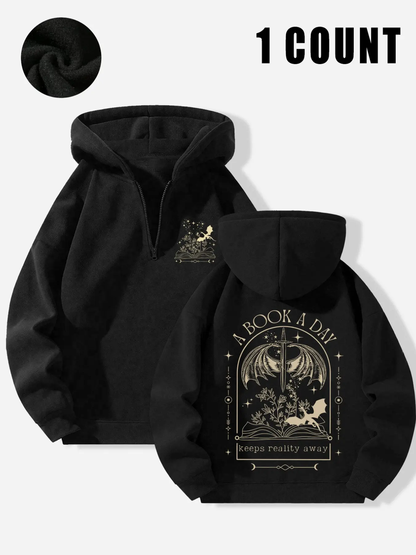 Black Fleece Half-Zip Casual A Book A Day Fantasy Book Lover Graphic Animal Print Hoodie, Sweatshirt, Casual Hooded Sweatshirts - Warm Fabric, Fantasy Book Streetwear, for Book Gatherings & Autumn/Winter Outings, Bold Golden Fantasy Element Design