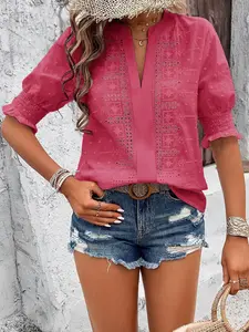 A women's solid color v-neck puffy sleeve mid-sleeve lace knitted ballerina lace blouse Womenswear, suitable for summer, suitable for casual, seaside vacation, dating party.