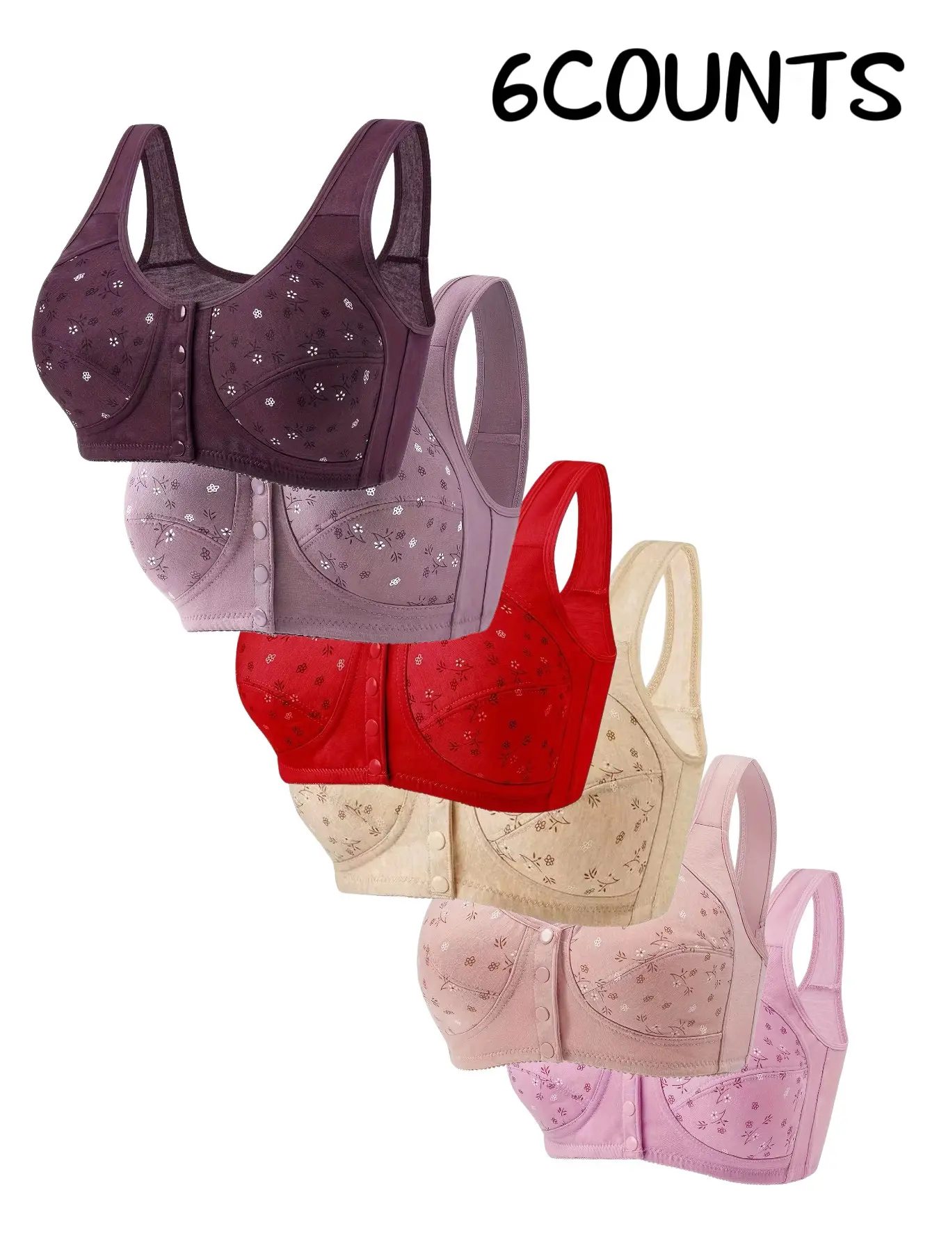 6-Pack Floral Elegant Chic Wireless Womenswear Everyday Bras, Comfy Bras, Comfortable & Breathable, Full Coverage Push-Up, Elderly-Friendly Front Buckle, All-Season Fitted Bra