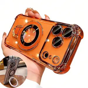 ECANCASE Shockproof Electroplated Clear Hard Acrylic iPhone 17 Pro Max Case with Camera Lens Protector Four Airbag Corners Bracket Kickstand Holder Transparent Durable Protective Magnetic Cover support Wireless Magsafe