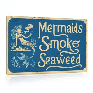 Vintage Mermaid "Mermaids Smoke Seaweed" Print Metal Tin Sign - Lightweight Hanging Home Decor Accessory, Retro Coastal Bar Sign for Home Bar, Funny Rustic Wall Plaque