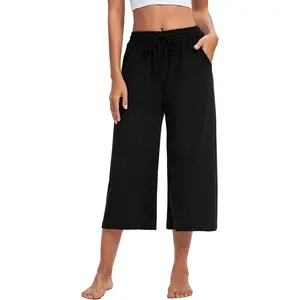 Womens Capri Yoga Pants Wide Leg Drawstring Lounge Pants Loose Comfy Workout Capris Sweatpants with Pockets