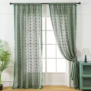 Nordic Hollow Diamond Pattern Curtain with Tassel Decor, Pole Pocket Design, No Drilling Required, Vintage Living Room Bedroom Dining Room
