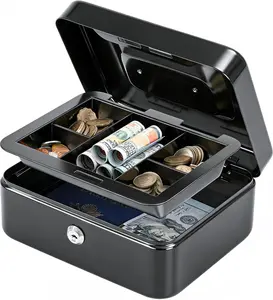 KYODOLED Medium Cash Box with Removable Money Tray, Key Lock Metal Storage Box with 2 Keys & Portable Handle, Safe Cash Drawer, 7.87"x 6.30"x 3.54", Black