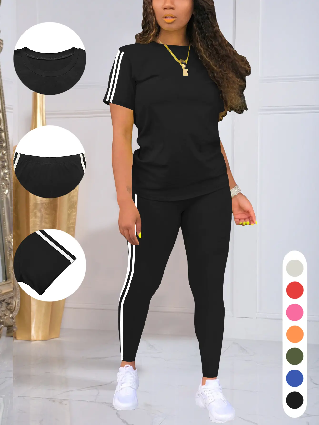 Women's 2-Piece Athleisure Workout Set - Striped-Edge Short-Sleeved Round-Neck Pullover, Slim-Fitting Pants, Sporty Style Clothes for All Seasons, Athleisure Style