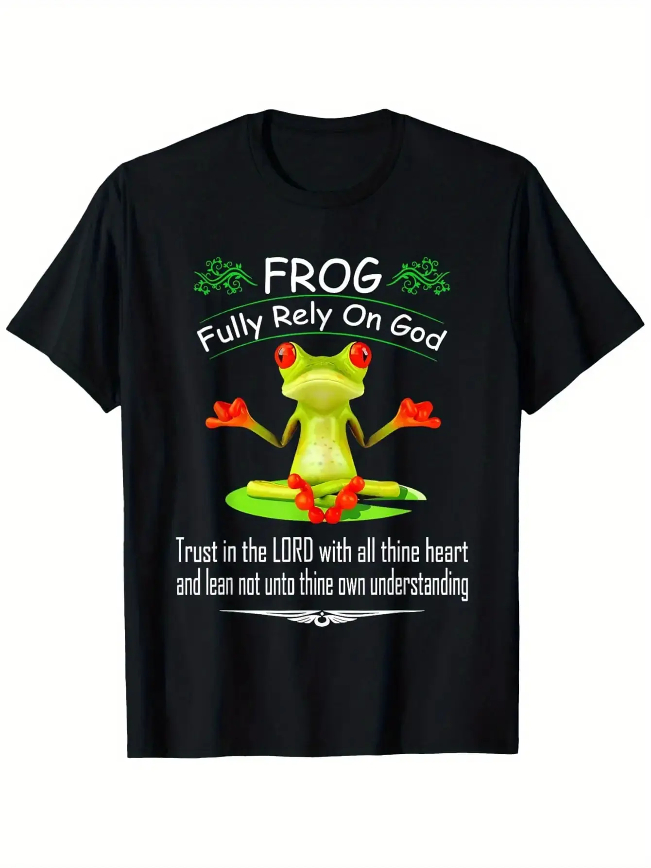 FROG Fully Rely On God Meditation Red Eyed Tree Frog Trust In The Lord Bible Verse Inspirational Christian Faith Graphic T-Shirt, Men Soft Breathable Cotton Crew Neck Weekend Church Worship Casual Religious Gift Tee