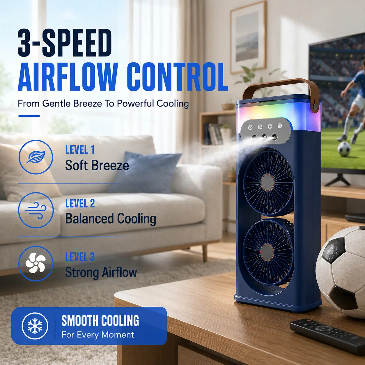 Compact Dual Head Portable Mist Cooling Fan Humidifier - 3 Speed, Quiet Instacooling Desk Fan, 400ml Tank, LED Lights, 3H Timer, USB Plug for Desk, Bedroom, Adjustable