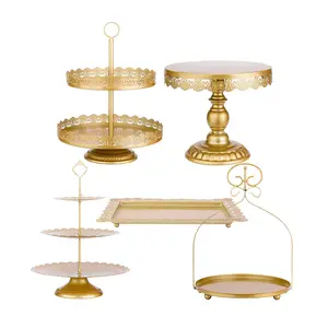 Gold 5Pcs Cake Stands Set Metal Round Cupcake Holder Cookies Dessert Display Plate Serving Tower Tray Platter with Handle for Baby Shower Wedding Birthday Party Celebration Decorations Supplies Shiny Smooth Hollow Metallic