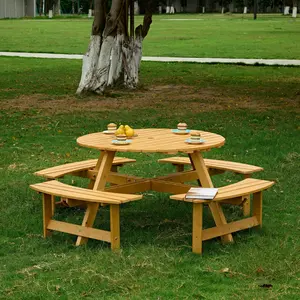 Outdoor 8 Person Picnic Table, 8 person Round Picnic Table with 4 Built-in Benches, Umbrella Hole, Outside Table and Bench Set for Garden, Backyard, Porch, Patio,  Natural   WL