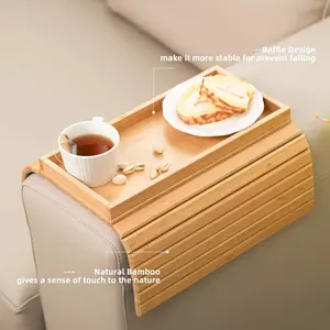 Bamboo Sofa Armrest Tray with Cup Holder - Anti-Slip Design, Foldaway Storage Table, Folding Tray Table for Snacks & Phones, Trays For Home Decor, Rustic Design, Lightweight Construction, Small Space Living