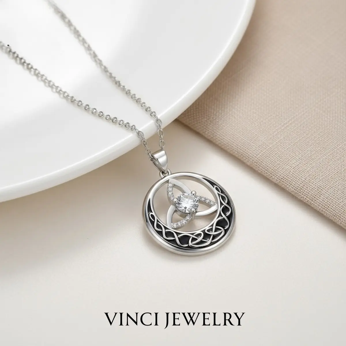 Women's Trinity Celtic Knot Moon Pendant Necklace - 24.4mm 45Cm + 5Cm Black Enamel Crescent Triquetra Cubic Zirconia Artificial Crystal Necklace, Vintage Hecate Pagan Wiccan Faith Protective Jewelry Gift for Mom, Daily Wear