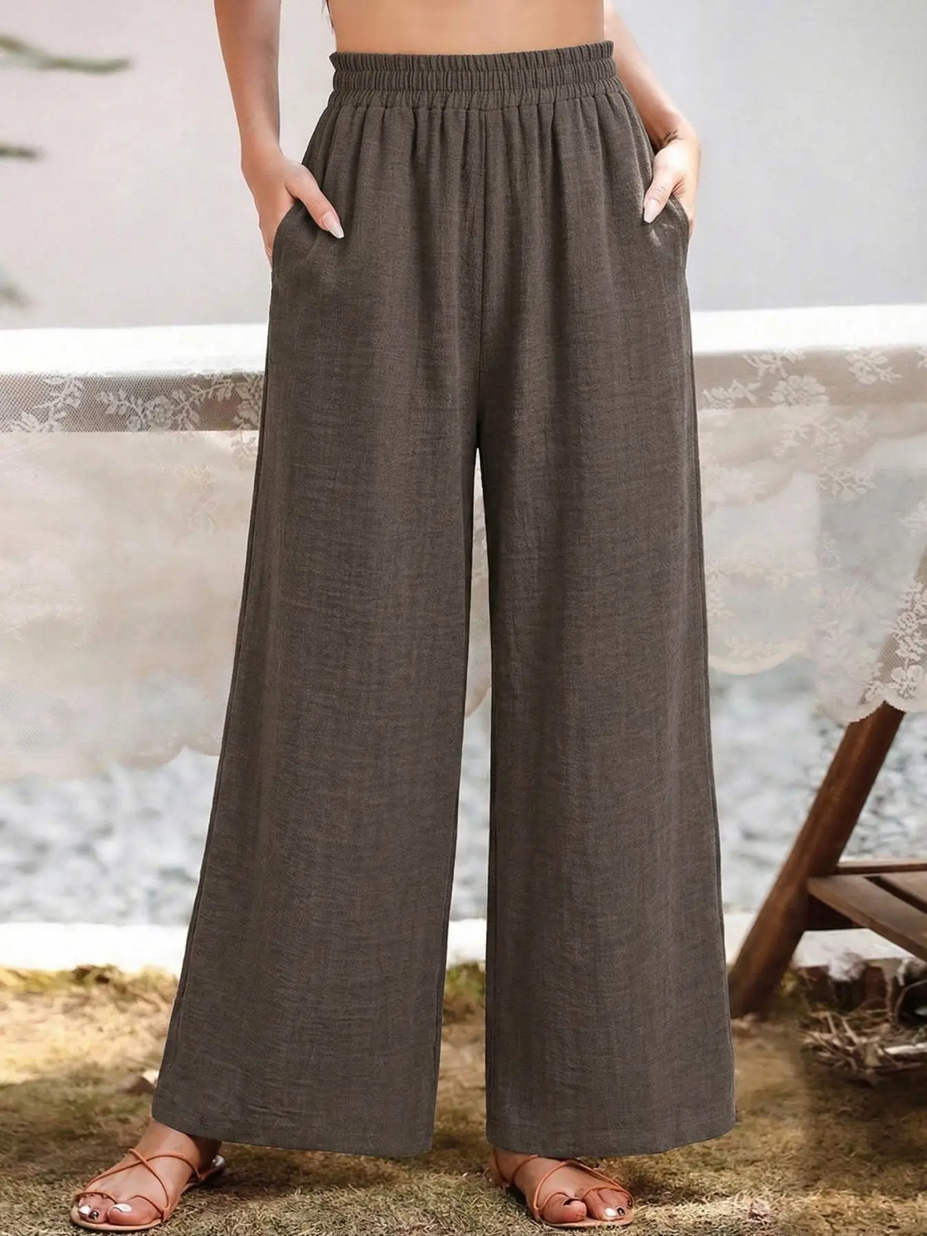 Women's Solid Color Linen Palazzo Pants Summer Flowy Wide Leg Beach Trousers, Casual Fashion Trousers, With Pocket Casual Loose Elastic High Waist Pants Travel Vacation Bottoms Date Brunch Home Work Streetwear