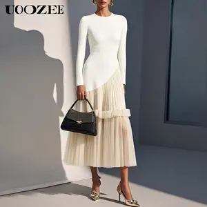 UOOZEE Women New Spring Autumn A-Line Irregular Clipping Slim-fit Mesh Pleated Ribbed Knit Solid Color Round-Neck Dresses, Elegant Party Cocktail Evening Maxi Dresses (Sizing Runs Small - Check Size Guide or Order 2 size  Larger), Polyester, Spandex,summe