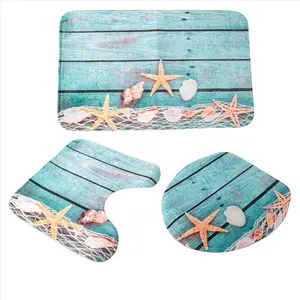 3-Piece Non-Slip Toilet Mat Set, Velvet-Flannel Beach Seashells Starfish Sand Bathroom Carpet Rug with Rubber Backing for Summer Holidays