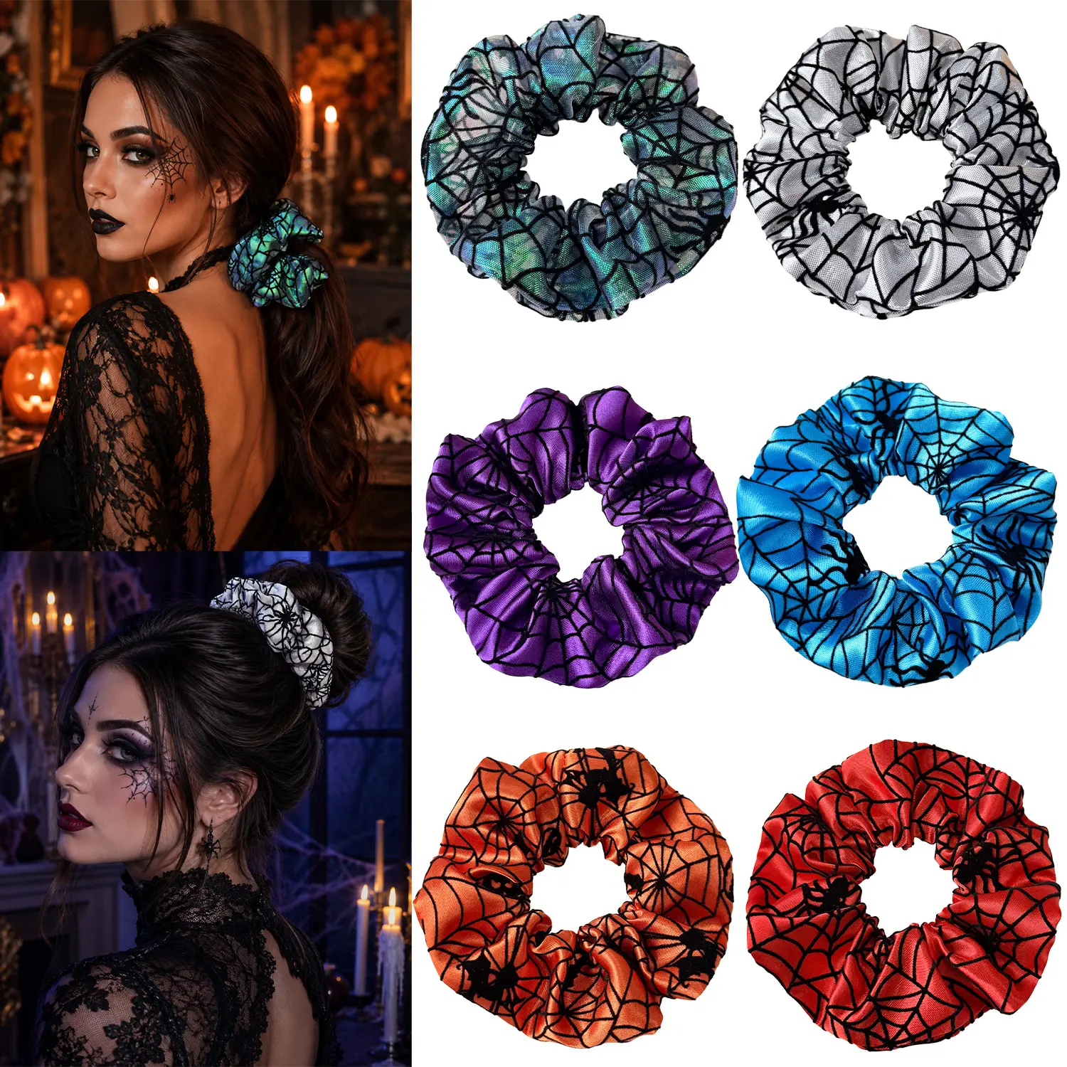 Halloween Spider Web Scrunchies For Women, Gothic Spooky Spider Print Satin Hair Ties, Elastic Large Hair Scrunchy Bands, Witch Cosplay Party Hair Accessory, Multi Color Holiday Costume Hair Decor Gift