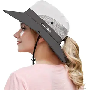Outdoor Sun Hat with UV Protection, Wide Brim, and Ponytail Hole for Women - Foldable Mesh Beach Fishing Hat for Summer