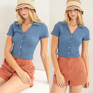 Oaklee Crinkle Knit Button Front Top | Gray Blue Collared Short Sleeves Button Summer Spring Trendy Top