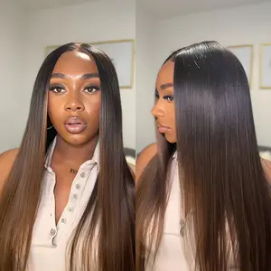 Nadula Black To Chestnut Brown Ombre Yaki Straight 7x5 Lace Wig With Drawstring Human Hair Invisible Knots Glueless Put On And Go Beginner Friendly Natural Look TikTokShopStockUp