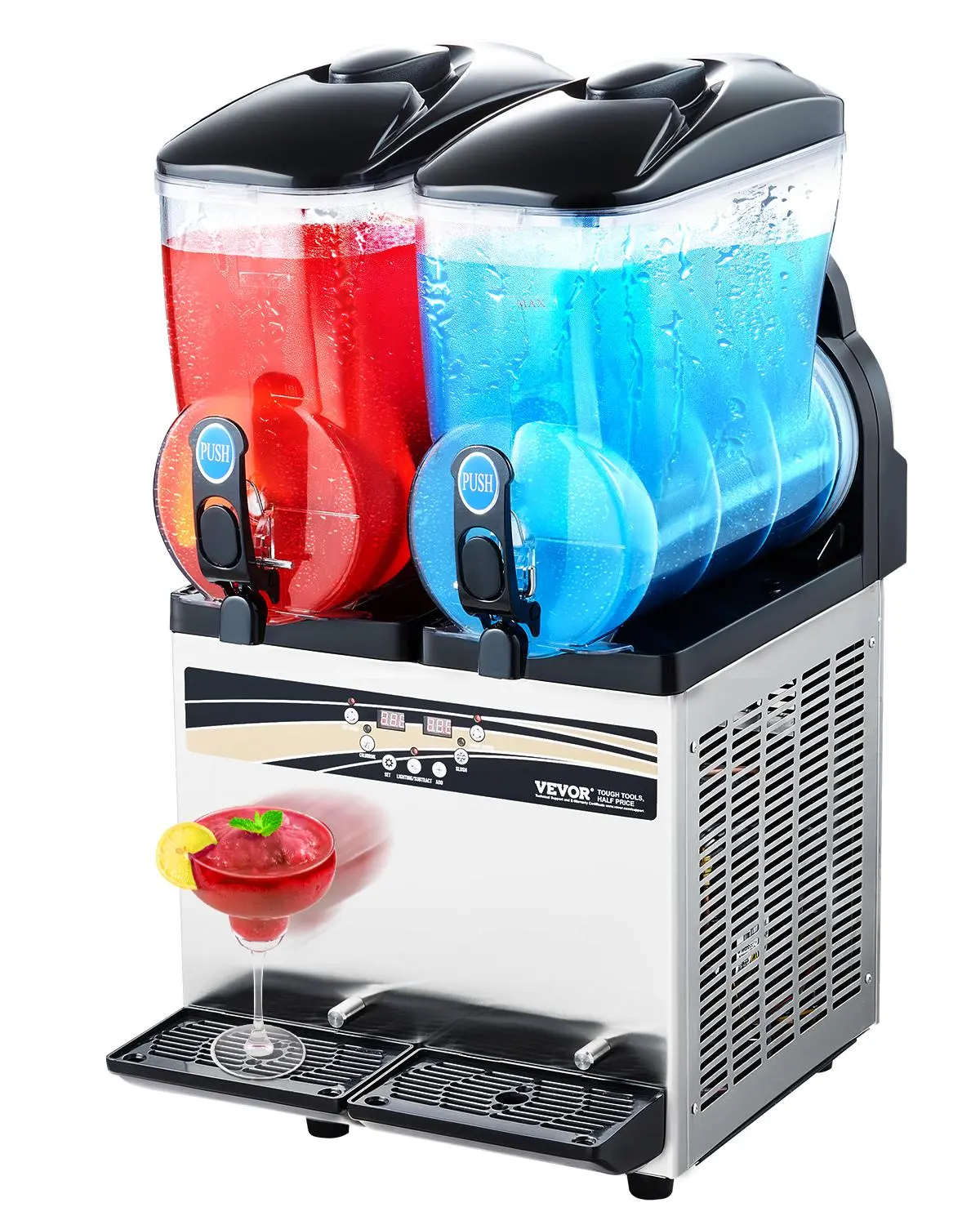 【Summerfinds】VEVOR Commercial Frozen Drink Maker, 2x15L (15L Each Tank) Stainless Steel Double Tanks, 120-Cup Cold Drink Slushy Machine with Anti-Slip ft, Auto Cleaning, for Commercial Users, Home Parties, Timer, Led Display, Bars