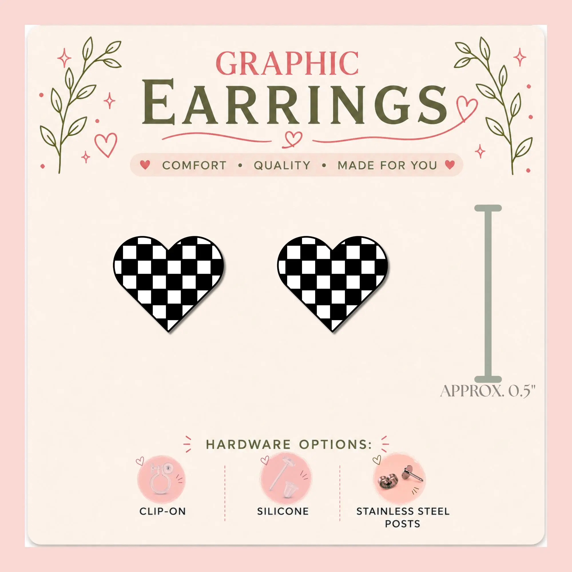 Checkerboard Heart Stud Earrings, Black and White Heart Earrings, Retro Graphic Stud Earrings, Indie Aesthetic Jewelry, Lightweight Heart Studs