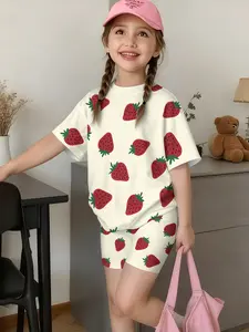 Girls' Strawberry Pattern Short Sleeve Set, Summer Breathable Casual Two-Piece, Fashionable Printed Clothing for Girls