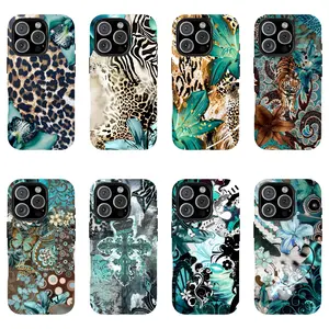 Vintage Teal Leopard Print Aesthetic Phone Case Leopard Zebra Butterfly Vintage Collage Art Phone Case, Boho Patchwork Tough Case Collection, Suitable for iPhone 17-11 Pro Max/Plus and Samsung Galaxy S23-25