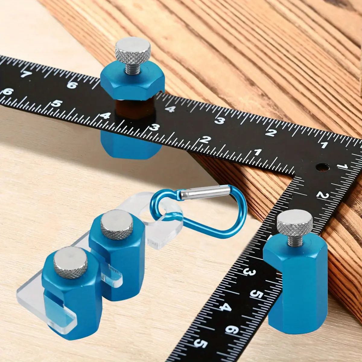 1 Pair Framing Square with Holder - Carabiner Stair Guages Knobs Framing Tool Rafter Gauge for Stair Stringer Layout Tool Measuring Ruler, Measuring Instrument, Hand Measuring Tool