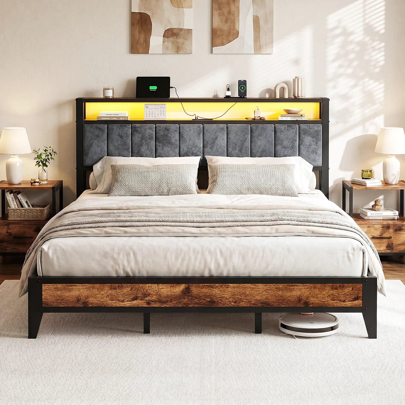 【HOT】DAYAGO LED Upholstered Platform Bed Frame - Multi-Material, Multi-Size, Padded Storage Headboard, Charging Station, Heavy-Duty Metal Slats, No Box Spring Needed, Easy Assembly, Led Lights