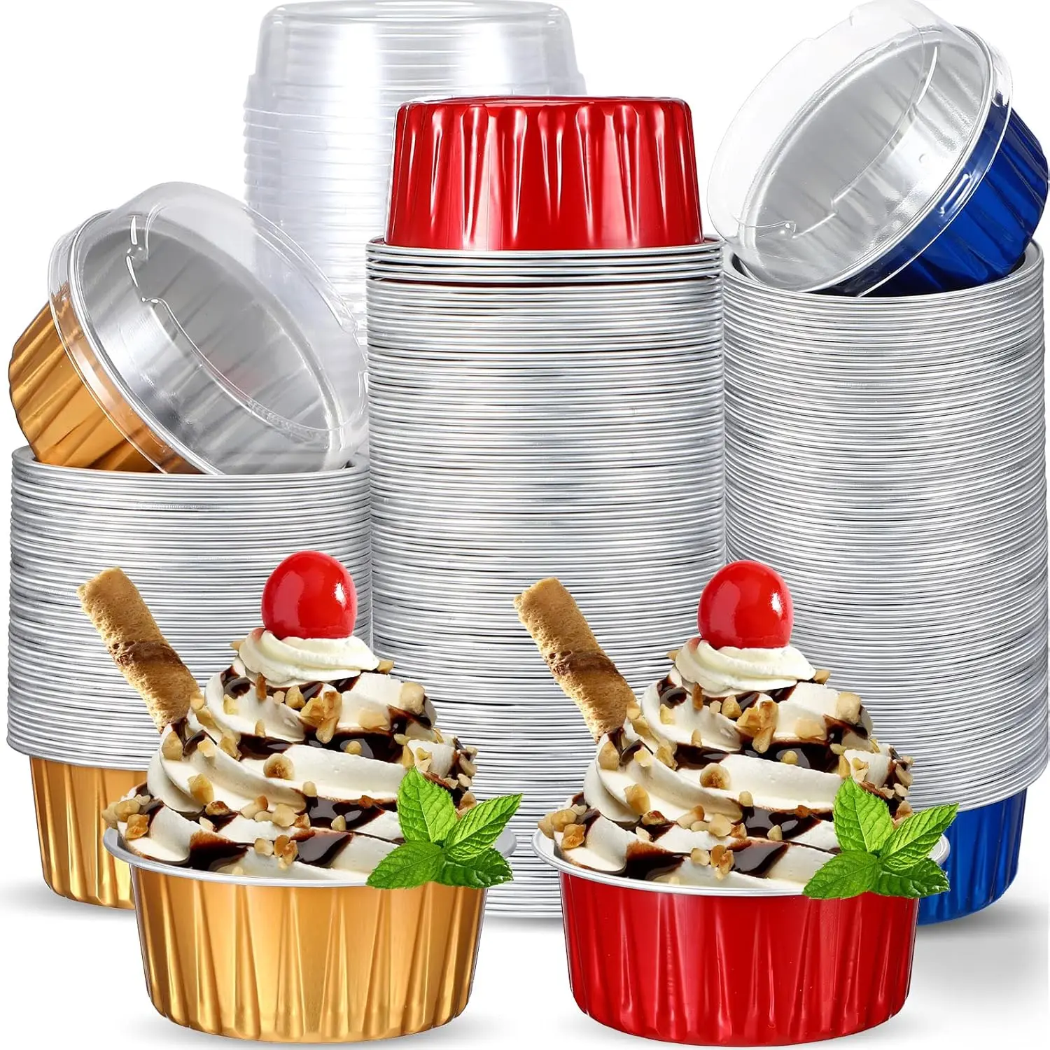 150 count Cupcake Liners with Lids 5 oz Aluminum Foil Cupcake Baking Cups Disposable  Muffin Cups Mini Aluminum Pans with Lids Holder for Creme Brulee(Gold, Red, Royal Blue)