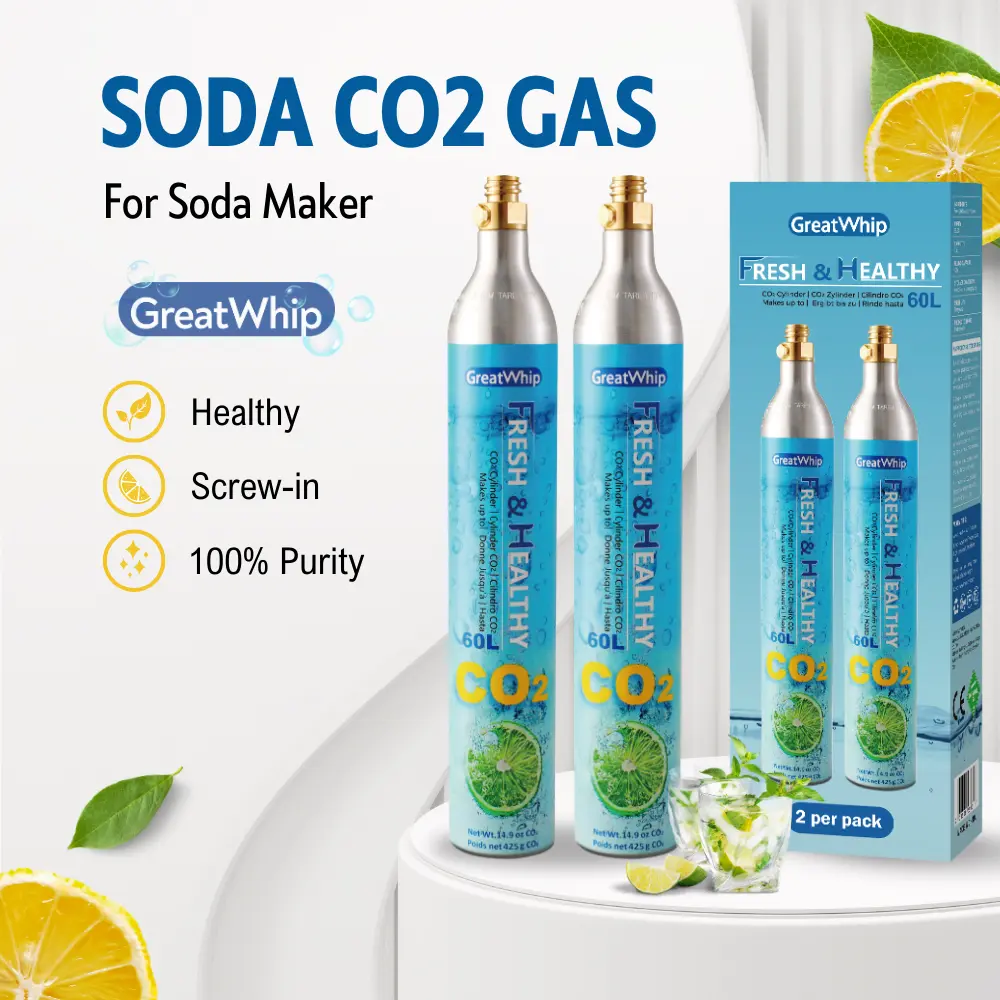 GreatWhip 60L Threaded CO2 Cylinders for SodaMaker, Exchange Carbonator Compatible with SodaMaker Kitchen Appliances, Carbonated Beverage Purity Cylinder Set of 2