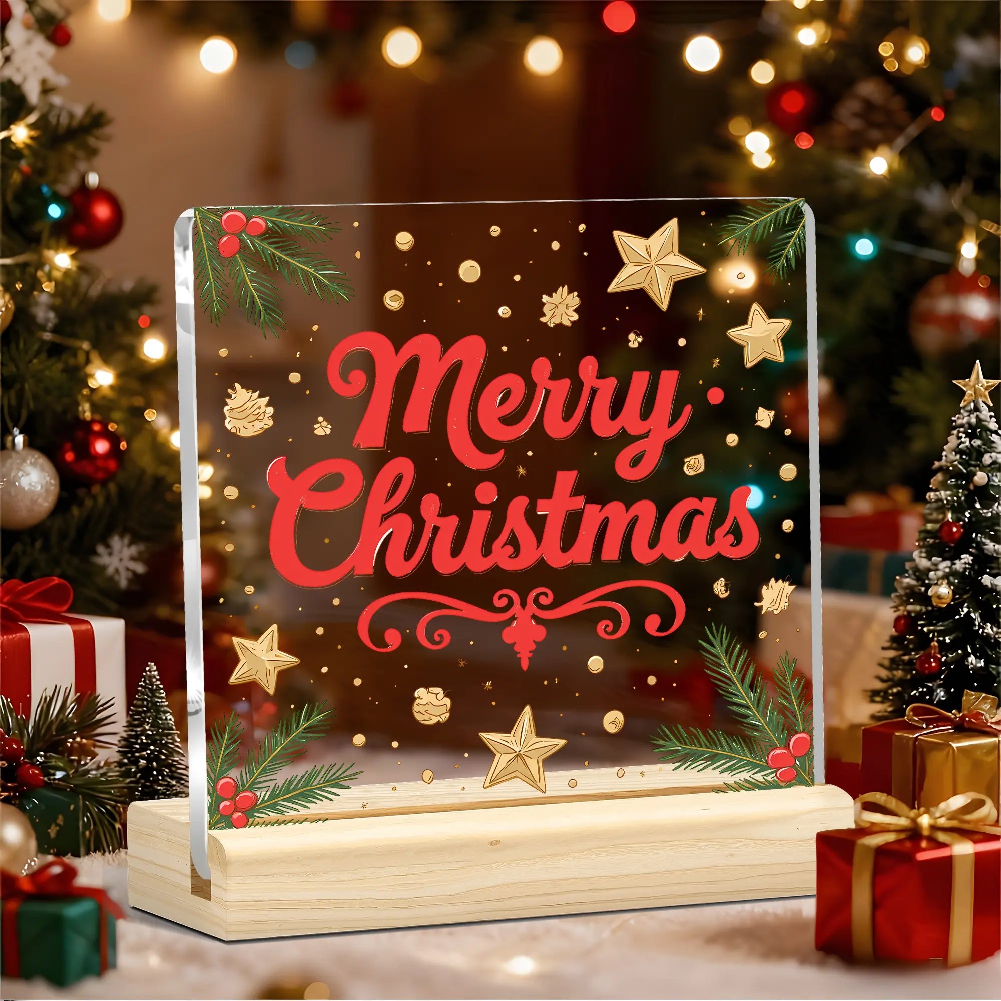 1pc Merry Christmas acrylic plaque, cookie stars & pine, clear tabletop decor for dorm or bedroom, festive gift for girlfriend & family,christmas decorations, home decor, room decor, living room decor, bedroom decor, desk decor, christmas gifts