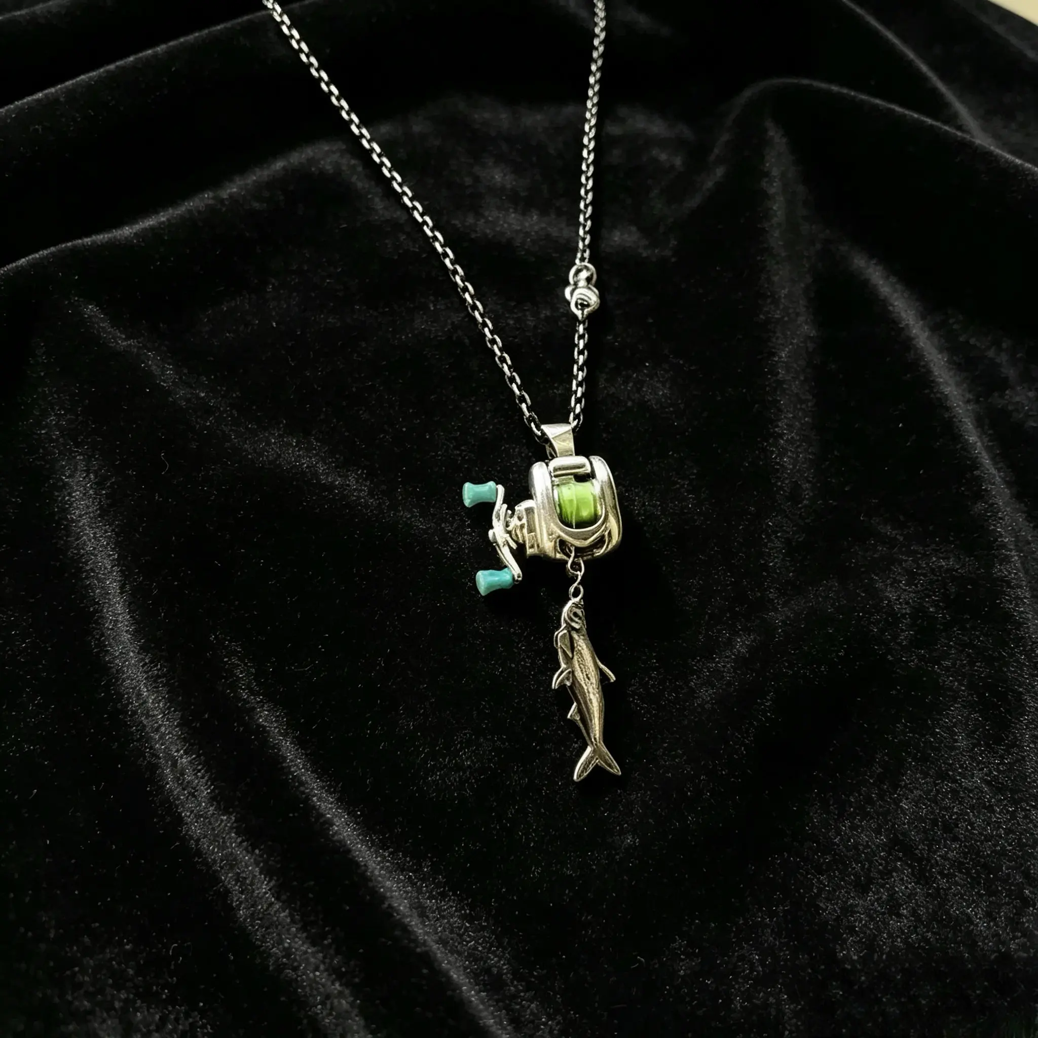 Metallic Fashion Jewelry Set for Anglers, 2-Piece Gift with Fishing Lure Necklace and Scroll-Detail Ring for Father's Day, Gifts, Scroll Decoration